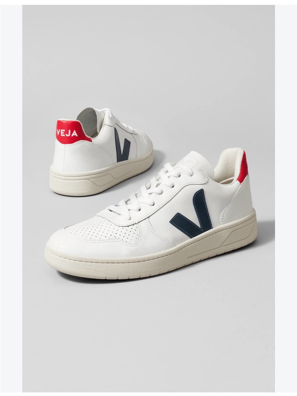 Veja v-10 low top White Leather Sneakers with Navy V and Red Heel Tab